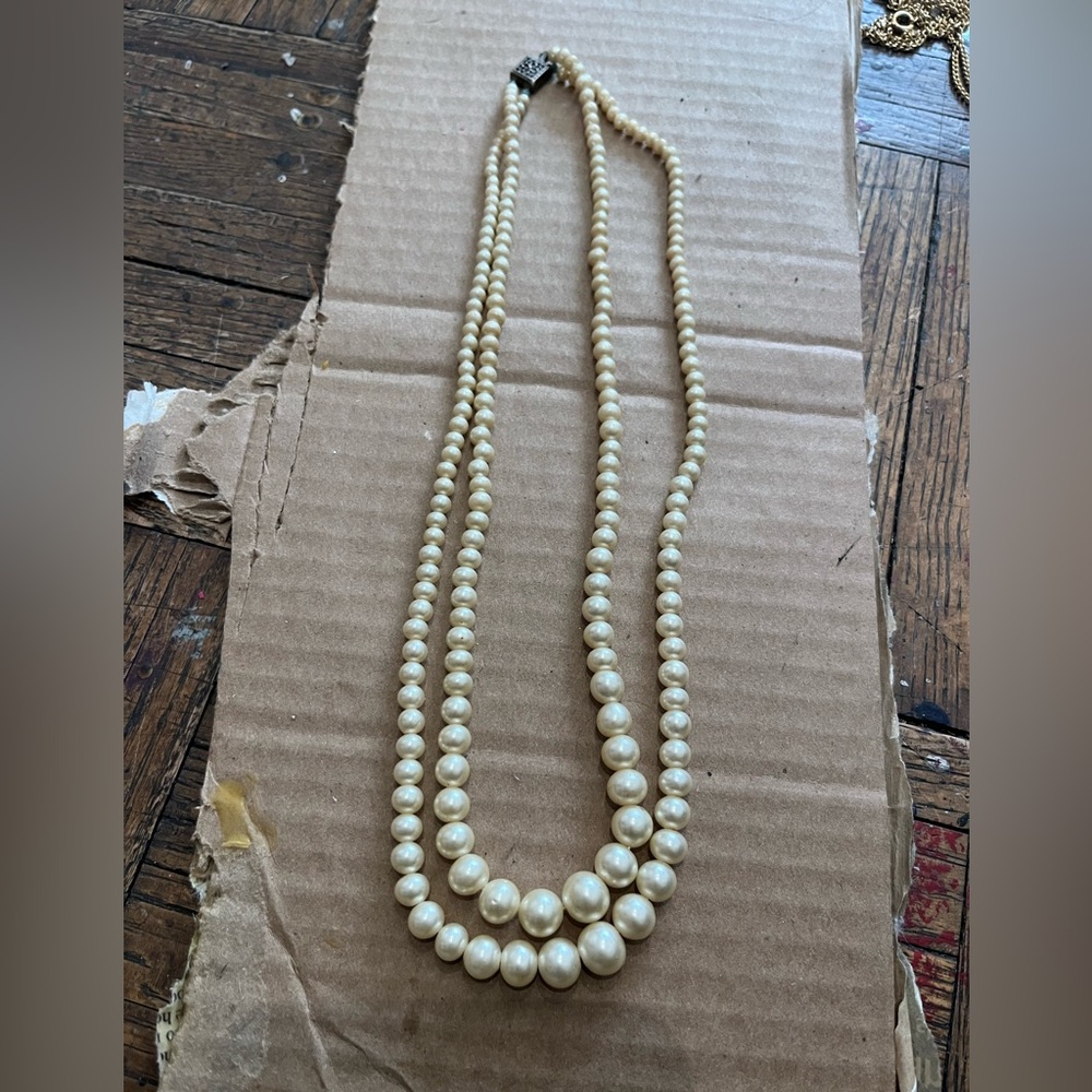 VINTAGE TWO STRAND  Cream Pearl Necklace STERLING CLASP, marked